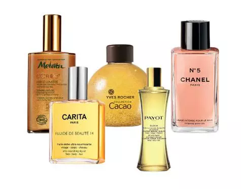 Body Oil Yves Rocher, vökvi fyrir hár, andlit og líkama Carita, glitrandi olíu fyrir hár, andlit og líkama L'eða Bio frá Melvita, olíu elixir payot, baði smjör Chanel. .