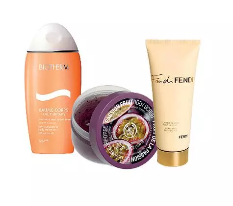 Body Scrub the Body Shop, Fan di Fendi body lotion, Biotherm body lotion, Caudalie body lotion. .