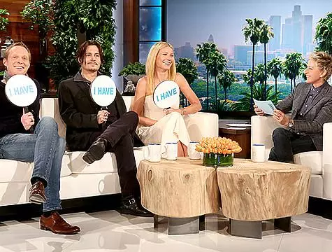 Gwyneth Paltrow, Johnny Depp i Paul Bettany na Shaw Ellen Degensheris. Zdjęcie: www.ellentv.com.