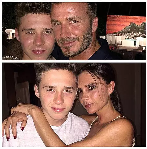 Brooklyn Beckham med sine berømte foreldre. Foto: Instagram.com.