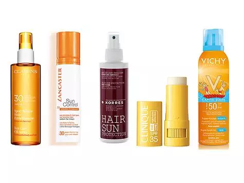 शरीर और बालों के लिए सनस्क्रीन तेल-स्प्रे स्प्रे सोलिएयर हुइल Embellissante UVA / UVB 30, क्लेरिंस; झुर्री और वर्णक स्पॉट के खिलाफ सनस्क्रीन चेहरा सन कंट्रोल एसपीएफ़ 30, लंकास्टर; जल प्रतिरोधी बाल सूर्य संरक्षक बाल सनस्क्रीन