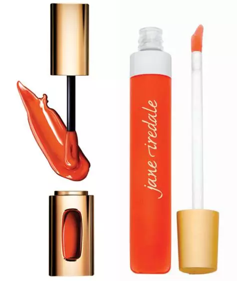 L'Extrordinaire Lipstick gan Lliw Riche, Sonate Tangerine 204, L'Oreal Paris; Glân sglein sgleiniog pur Tangerine, Jane Iredale. .