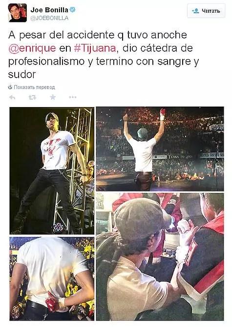 Enrique Iglesias sai vakavan vamman konsertissa Tihuanassa, mutta edelleen puhui. Kuva: Twitter.com/@joebonilla.